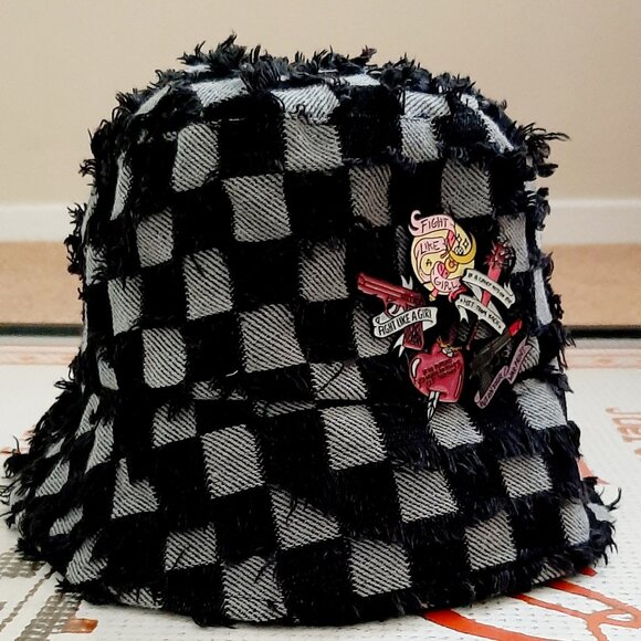 The Power Patch Bucket Hat – Distressed Denim with Fierce Empowerment Pins - Picture 3 of 7